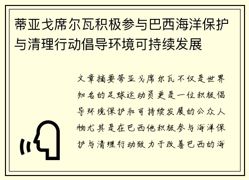 蒂亚戈席尔瓦积极参与巴西海洋保护与清理行动倡导环境可持续发展
